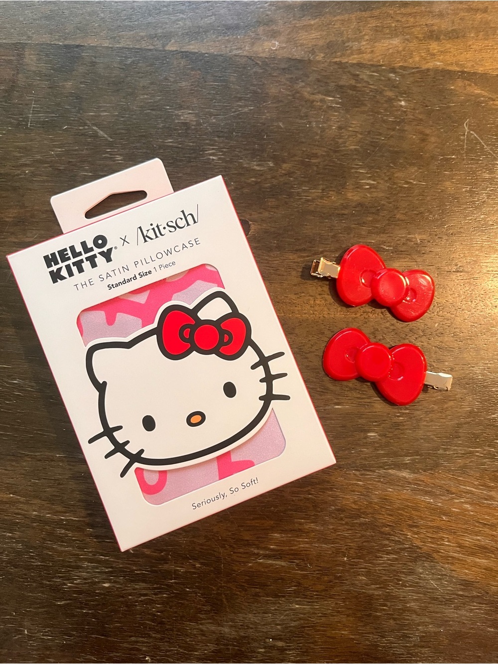 Hello Kitty Red Bow Hair Clips and Pink Satin Pillow Case